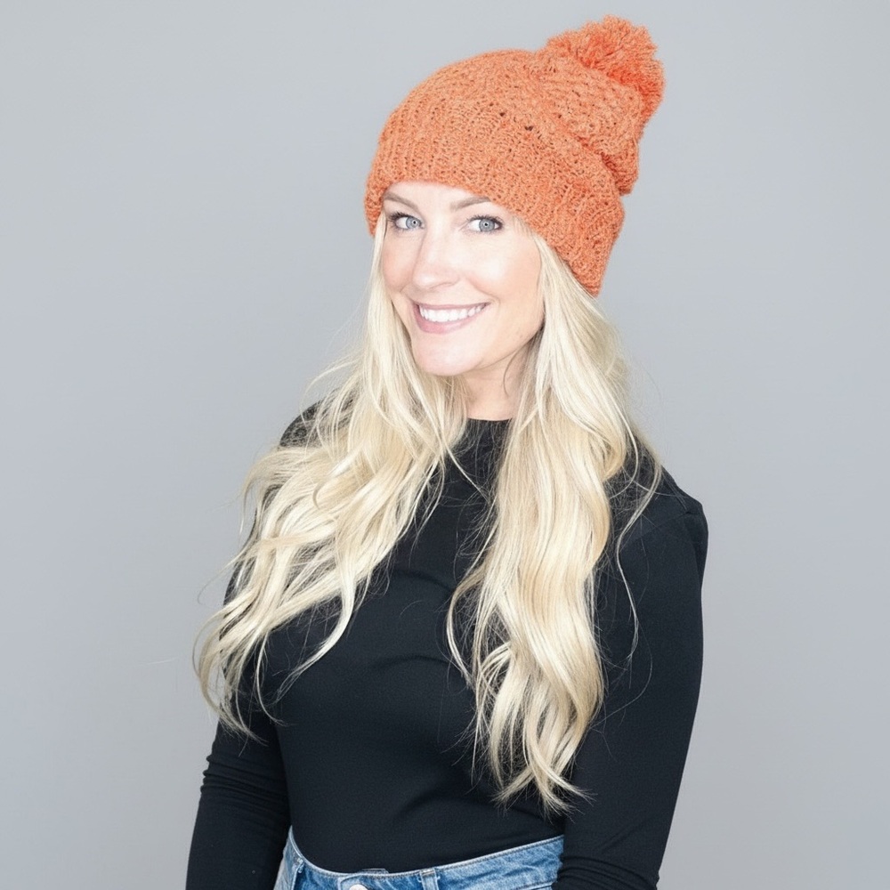 Orange Knit Pom Beanie Slouchy Cozy Fall Winter Hat